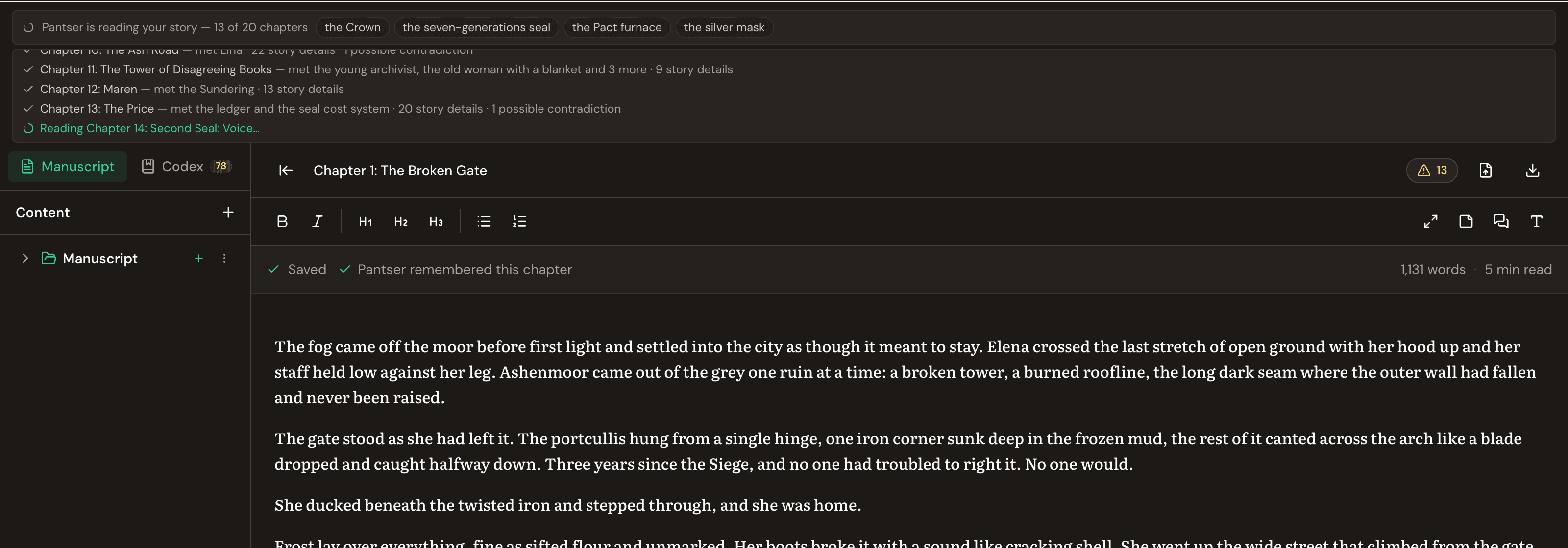 Pantser mid-import: the reading bar says 13 of 20 chapters with newly met names as chips, and a reading log below lists each finished chapter with who arrived, how many story details, and one possible contradiction