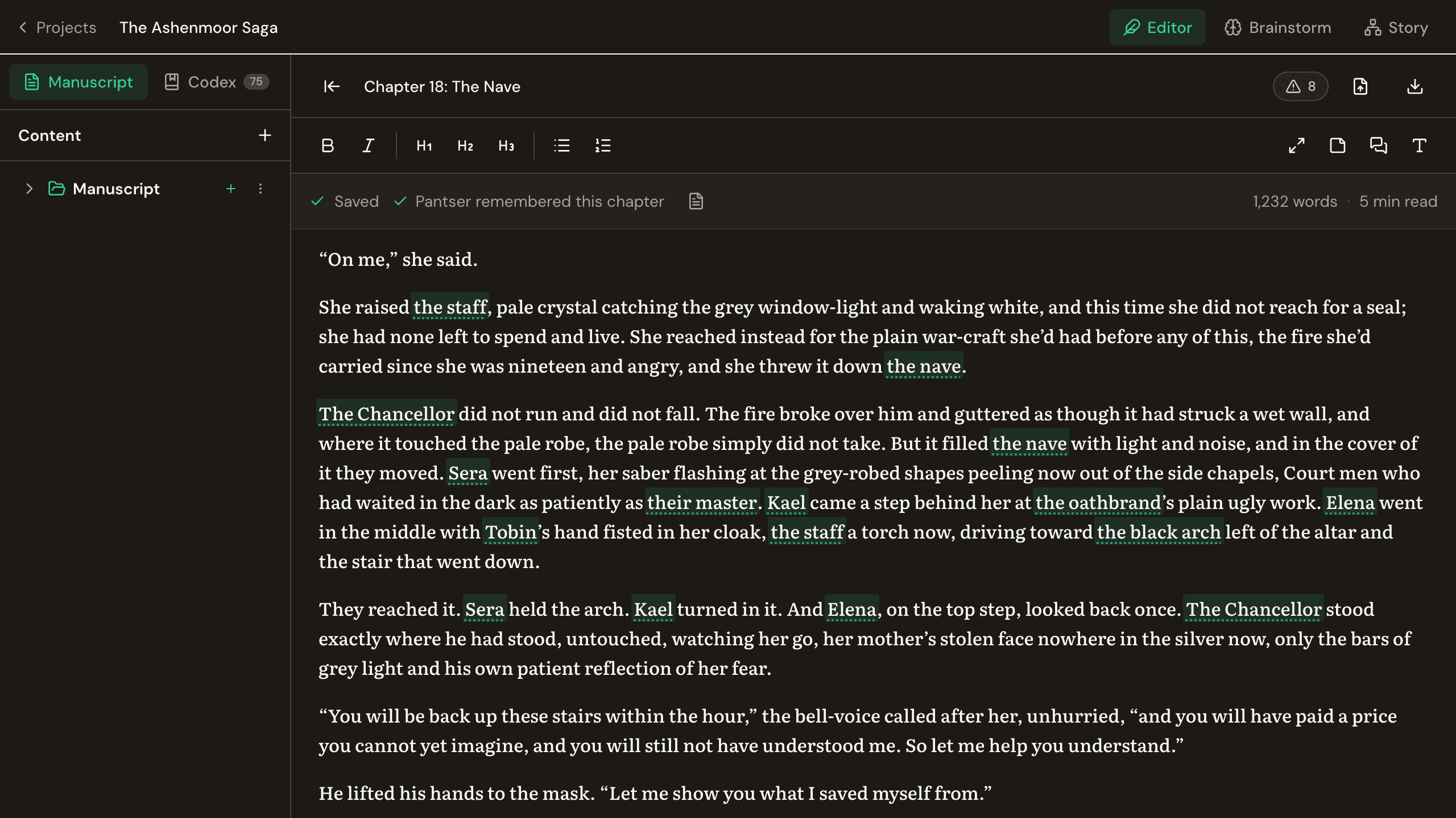 Chapter 18 of The Ashenmoor Saga open in the Pantser editor at the contested passage, the Chancellor standing exactly where he had stood, with the gold issue counter reading 8 in the header