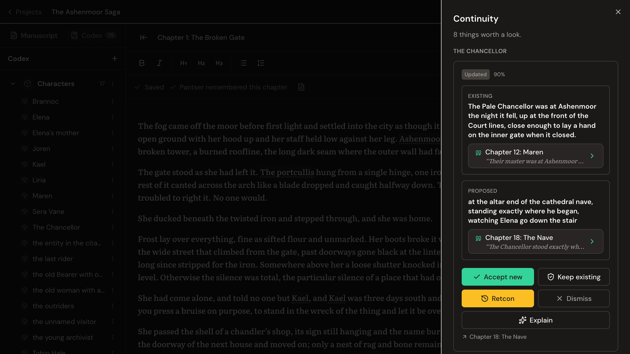 The Continuity Inbox in the Pantser workspace: contradiction cards for The Ashenmoor Saga, each quoting the two disagreeing lines with their chapters, waiting for the author’s ruling