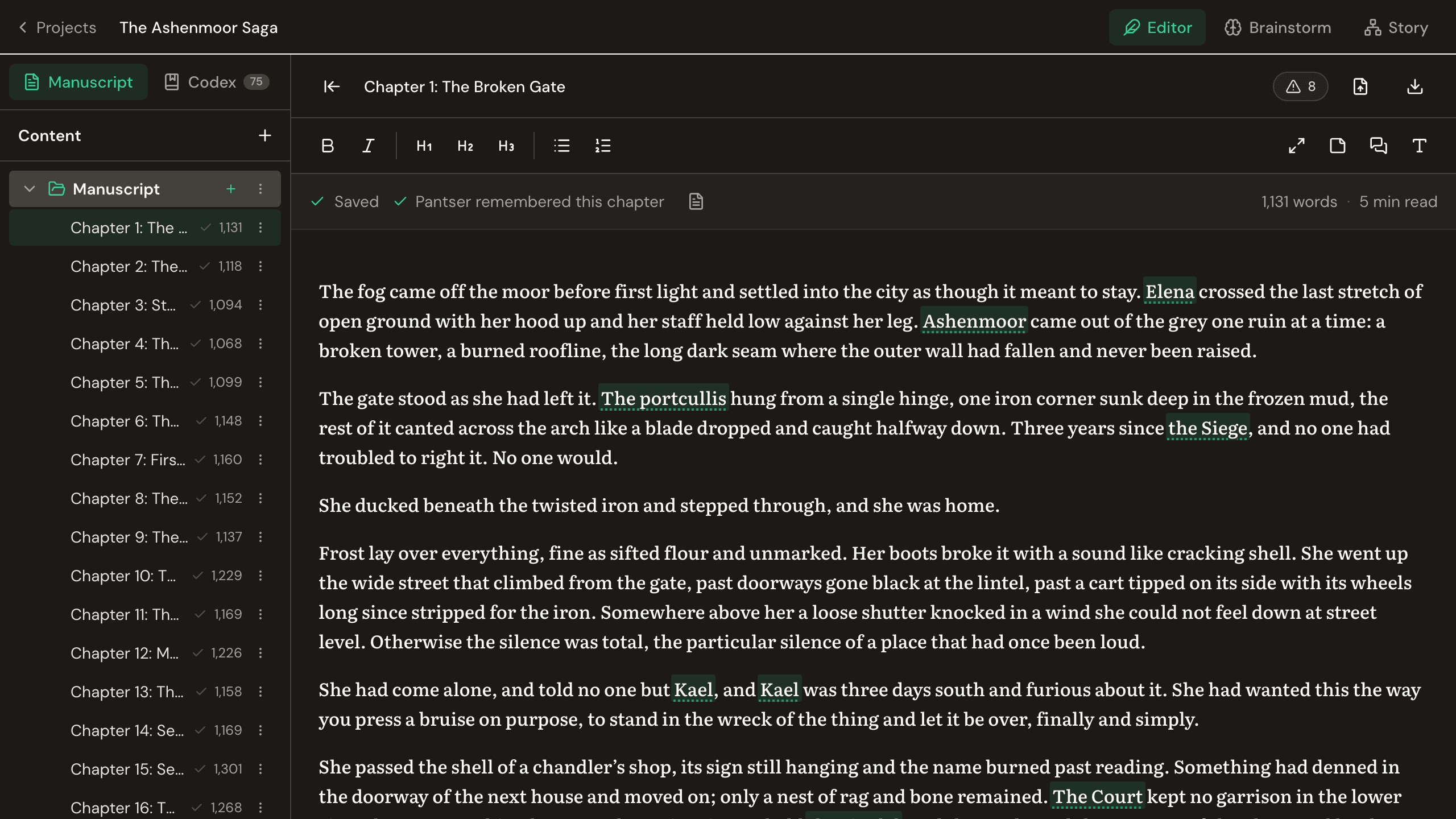 The Pantser writing workspace: the manuscript tree on the left with volumes and chapters of The Ashenmoor Saga, a chapter open in the editor with its prose, and the saved indicator confirming Pantser remembered this chapter