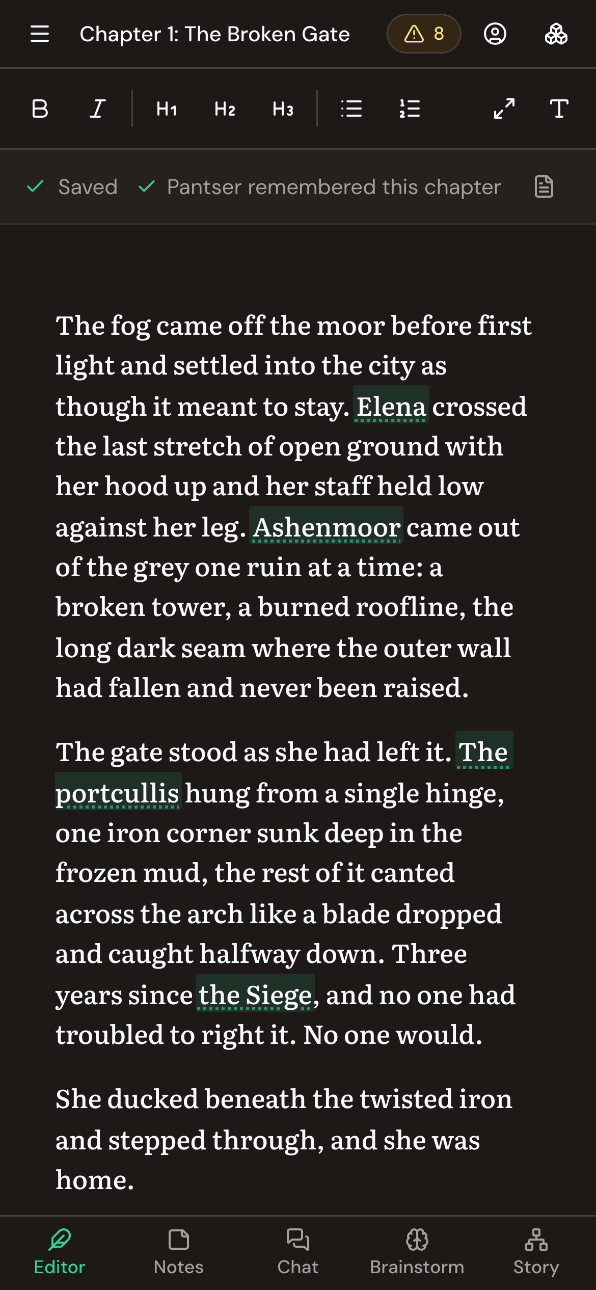 The Pantser editor on a phone: Chapter 1 of The Ashenmoor Saga open with the saved indicator, entity highlights in the prose, and the bottom navigation for Editor, Notes, Chat, Brainstorm and Story