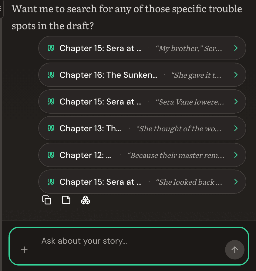 A conversation with the assistant about what Sera knows, answered from the manuscript itself, with door chips underneath that jump to the exact passages in chapters 12 through 16