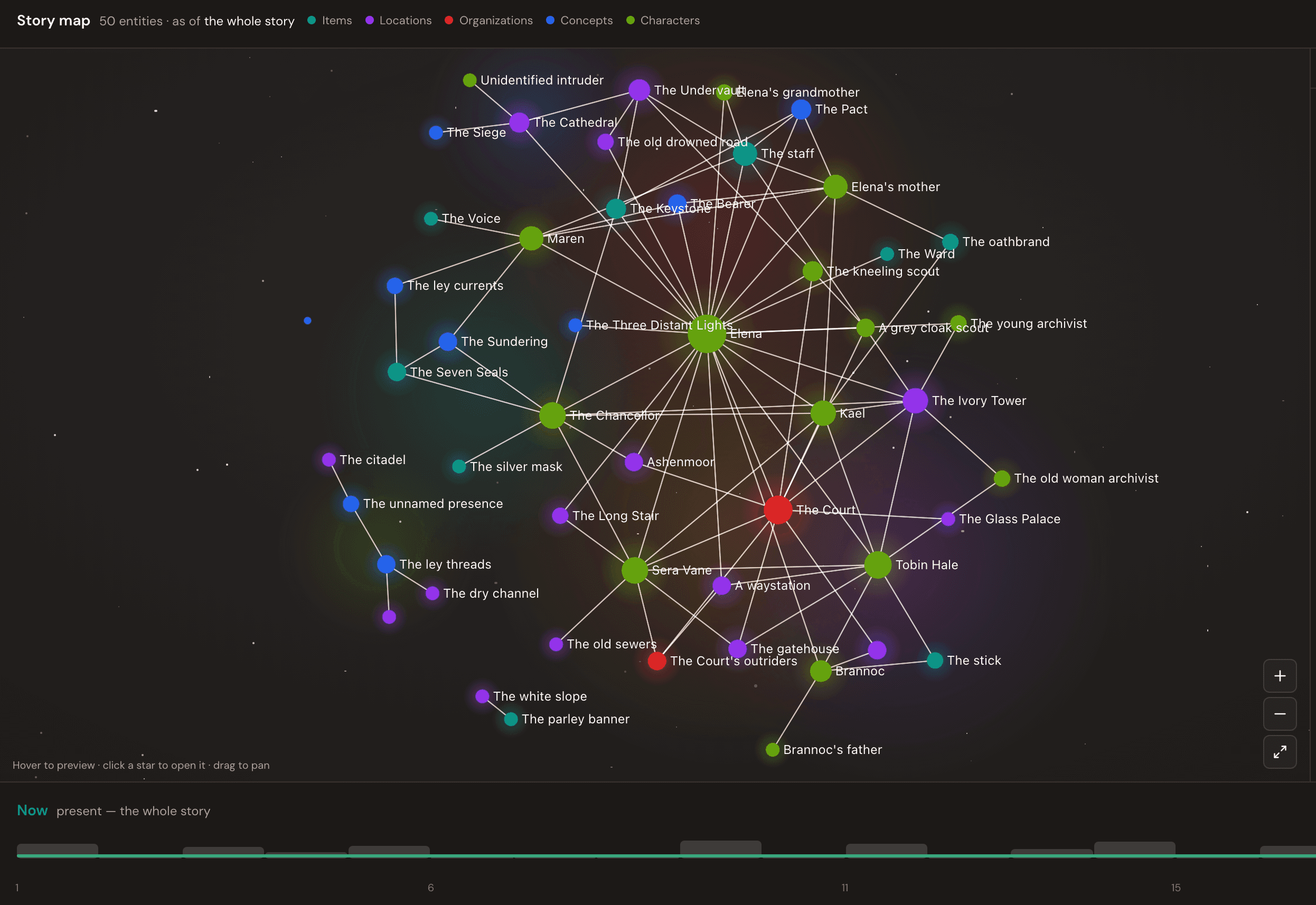 The Story Atlas: fifty entries of The Ashenmoor Saga drawn as a constellation, with a chapter timeline scrubber underneath set to the whole story