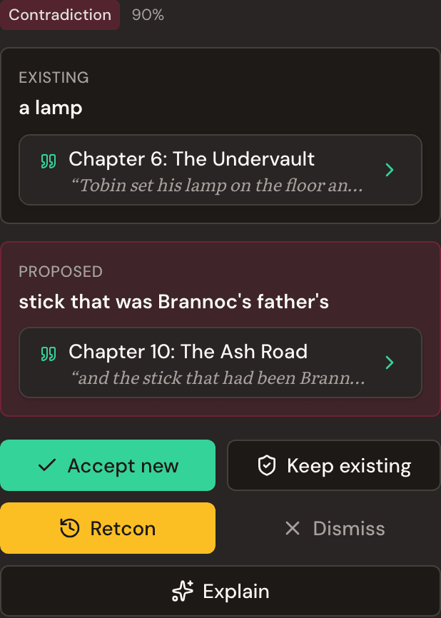 A contradiction card from the Continuity Inbox: the same item written as a lamp in chapter 6 and as a stick in chapter 10, with quotes from both chapters and the actions Accept new, Keep existing, Retcon and Dismiss