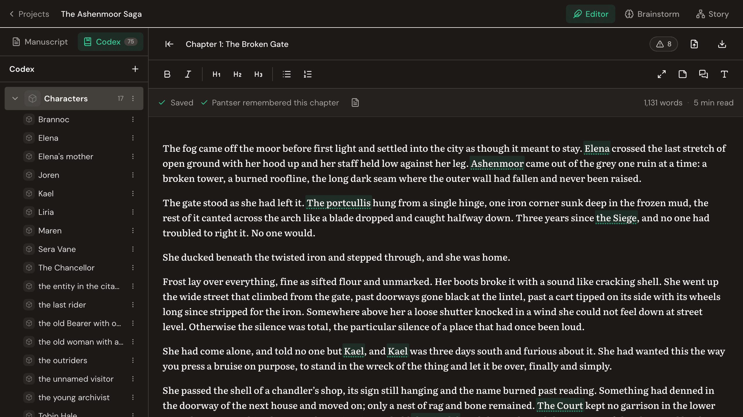 The Pantser workspace: Chapter 1 of The Ashenmoor Saga open in the editor with entity highlights in the prose, and the Codex beside it listing seventeen characters recorded automatically while the book was written
